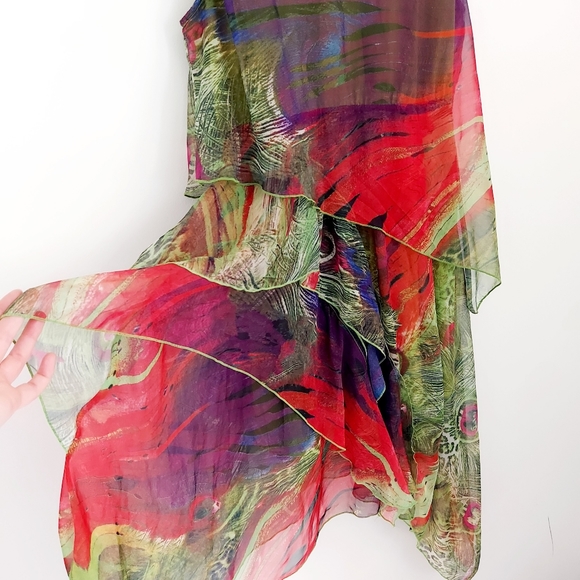 Floryday Multicolour Peacock Chiffon Layered Midi Hanky Hem Dress Size Small - Picture 3 of 6